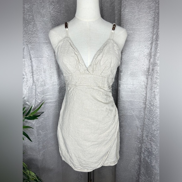 Zara Linen V-Neck Wrap Mini Dress in Beige Sz S - Picture 1 of 11